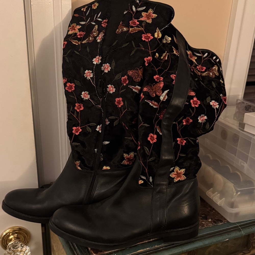 Maae of Italy. New. I had them cut for widecalfs.  Black Floral Embroidered Boot